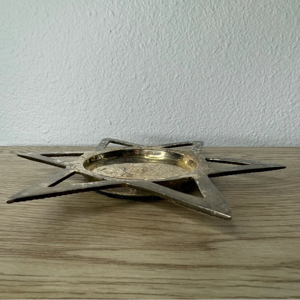 IHI Brass 6‎ Point Star of David Pillar Candle Holder Gold Colored Vintage Metal